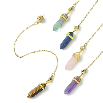 Mixed Natural Gemstone Dowsing Pendulum Big Pendants, with Brass Hollow Ball, Bullet Charm, 217~221mm