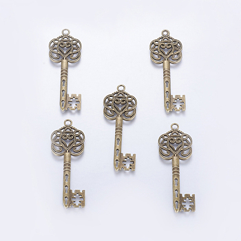 Tibetan Style Alloy Key Big Pendants, Lead Free, Nickel Free and Cadmium Free, Antique Bronze, 60mm long, 22mm wide, 2mm thick, hole: 2mm
