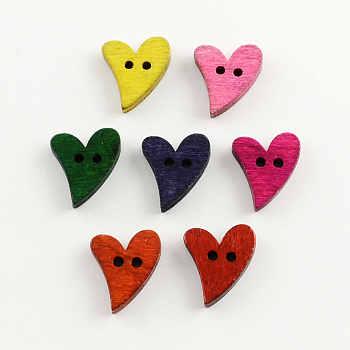 2-Hole Dyed Wooden Buttons, Heart, Mixed Color, 18x16x4mm, Hole: 2mm