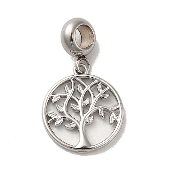 304 Stainless Steel European Dangle Charms, Large Hole Pendants, Flat Round with Tree of Life Pattern, Stainless Steel Color, 27mm, Pendant: 18x16x1.5mm, Hole: 4.5mm