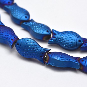 Full Plated Frosted Electroplate Glass Fish Beads Strands, Blue Plated, 15x8x5mm, Hole: 1mm, about 30pcs/strand, 16 inch