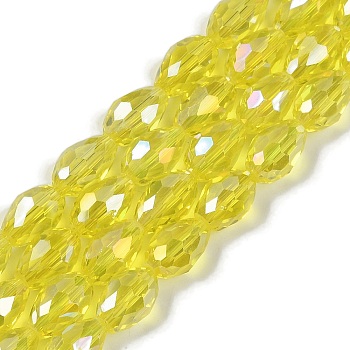 Transparent Electroplate Glass Beads Strands, AB Color Plated, Faceted, Teardrop, Yellow, 15x10mm, Hole: 1.6mm, about 46~48pcs/strand, 27.95''(71cm)