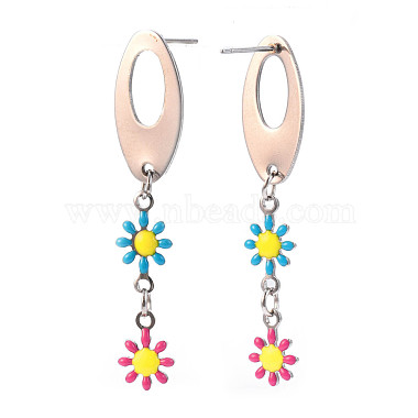 Oval with Flower Enamel Long Dangle Stud Earrings(EJEW-N049-05B)-3