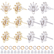 12Pcs 2 Color Brass Pave Clear Cubic Zirconia Flower Stud Earring Findings, with Horizontal Loops & 52Pcs Open Jump Rings & 50Pcs Plastic Ear Nuts, Platinum & Golden, 12x11.5x2.5mm, Hole: 1mm, 6Pcs/color(DIY-CN0002-79)