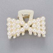 Plastic Claw Hair Clips, with ABS Plastic Imitation Pearl Beads and Iron Findings, Bowknot, White, 29x39x25.5mm(PHAR-G002-06)