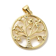 Brass Micro Pave Cubic Zirconia Pendants, Real 18K Gold Plated, Round with Tree of Life, Real 18K Gold Plated, 22.5x20x2mm, Hole: 5x3.5mm(KK-Z042-25G-04)