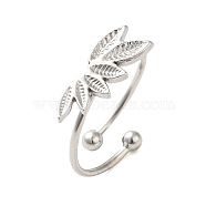 304 Stainless Steel Open Cuff Ring, Leaf, Stainless Steel Color, US Size 8(18.1mm)(RJEW-M167-10F-P)