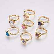 Druzy Resin Cuff Rings, Open Rings, with Brass Findings, Flat Round, Size 8, Golden, Mixed Color, 18mm(RJEW-F078B-G)