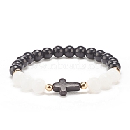 Natural White Jade & Synthetic Turquoise(Dyed) Stretch Bracelet with Cross, Gemstone Jewelry for Women, Black, Inner Diameter: 2-1/8 inch(5.3cm)(BJEW-JB08295-01)