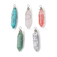 Natural & Synthetic Mixed Gemstone Copper Wire Wrapped Faceted Pendants, Double Terminated Pointed Bullet Charms, Silver, 39x10.5x10mm, Hole: 3mm(PALLOY-JF02474)