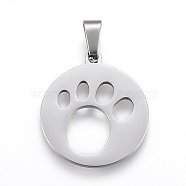 304 Stainless Steel Pendants, Cut-Out, Flat Round with Dog Footprints, Stainless Steel Color, 25x22x1.2mm, Hole: 4x7.5mm(STAS-I086-04P-01)