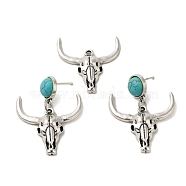 Synthetic Turquoise & Cattle Alloy Pendant Studs Earrings Sets, 316 Steel Needle Jewely for Women, Antique Silver, 44x32.5mm(SJEW-K002-01)