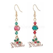 Word Noel Alloy Charm with Glass Long Dangle Earrings, 304 Stainless Steel Wire Wrap Christmas Earrings for Women, Colorful, 53.5mm, Pin: 0.7mm(EJEW-TA00076)