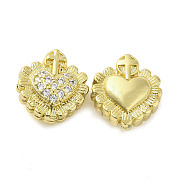 Rack Plating Brass Cubic Zirconia Beads, Long-Lasting Plated, Cadmium Free & Lead Free, Heart with Cross, Real 18K Gold Plated, 12.5x12x6mm, Hole: 1.6mm(KK-Q784-40G)