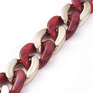 Handmade CCB Plastic Curb Chain, with Acrylic Linking Rings, Imitation Gemstone, for Handbag Chain Making, Golden, Dark Red, Link: 22~23x16~17x5mm, 39.37 inch(1m)/strand(AJEW-JB00678-03)