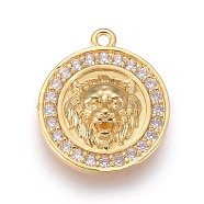 Brass Micro Pave Cubic Zirconia Pendants, Long-Lasting Plated, Flat Round with Lion Head, Clear, Golden, 18x16x4mm, Hole: 1.2mm(KK-F809-08G)