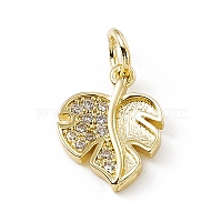 Brass Micro Pave Clear Cubic Zirconia Leaf Charms, with Open Jump Rings, Real 18K Gold Plated, 13x10x2mm, Ring: 5x0.8mm, Hole: 3mm
