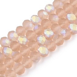 Transparent Glass Beads Strands, Faceted, Frosted, Half AB Color Plated, Rondelle, BurlyWood, 8x6mm, Hole: 1mm, about 64~65pcs/strand, 40~41cm(EGLA-A044-T8mm-MB20)