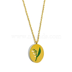 Birth Month Flower Style Titanium Steel Oval Pendant Necklace, Golden, May Lily of the Valley, 15.75 inch(40cm)(PW-WG38206-05)