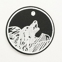 Computerized Embroidery Cloth Iron on/Sew on Patches, Costume Accessories, Appliques, Flat Round with Wolf, Black & White, 73mm(DIY-O003-26)