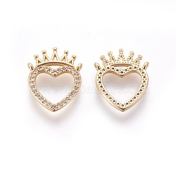 Brass Micro Pave Cubic Zirconia Pendants, Heart with Crown, Clear, Golden, 17x14x2mm, Hole: 1mm(ZIRC-E161-18G)