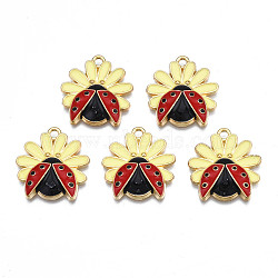 Rack Plating Alloy Enamel Pendants, Cadmium Free & Nickel Free & Lead Free, Light Gold, Flower with Ladybird, Champagne Yellow, 22x21x3.5mm, Hole: 1.8mm(ENAM-N055-057A)