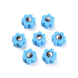 Handmade Polymer Clay Beads, for DIY Jewelry Crafts Supplies, Flower with Yinyang, Deep Sky Blue, 8~9x7.5~8.5x4~4.5mm, Hole: 1.6~1.8mm(CLAY-N008-027B)