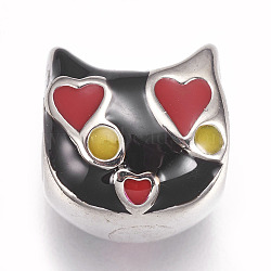 304 Stainless Steel Kitten Beads, with Enamel, Large Hole Beads, Cat with Heart Shape, Stainless Steel Color, Black, 12x12x11mm, Hole: 5.5mm(STAS-O101-03P-20A)