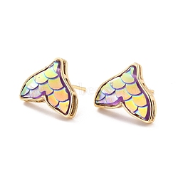 Mermaid Fishtail Resin Stud Earring, Dainty Animal Brass Earrings for Girl Women, Golden, Yellow, 13x16.5mm, Pin: 0.7mm(EJEW-C005-01B-01)