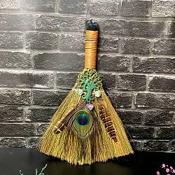 Straw Witch Altar Broom Display Decoration with Raw Natural Fluorite Chips, Tree of Life Peacock Feathers for Altar Ornaments, 320x190mm(WG15595-09)