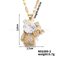 Brass Clear Cubic Zirconia Shiny 3D Bear Pendant Necklaces, Golden, 15.75 inch(40cm)(PZ7531-2)