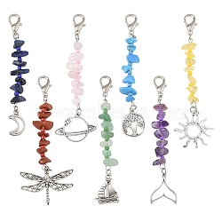 7Pcs Natural Gemstone & Glass & Alloy Pendant Decorations, with Alloy Lobster Claw Clasps, Mixed Shapes, 96~105mm(HJEW-YW00105)