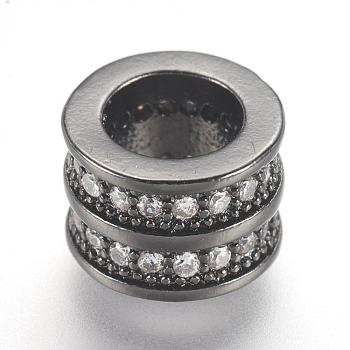 Brass Micro Pave Cubic Zirconia European Beads, Large Hole Beads, Column, Gunmetal, 8x6mm, Hole: 5mm