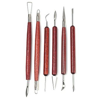 Stainless Steel Sculpture Clay Tool Sets, Wood Handle Pottery Carving Tool, Dark Red, 19cm, 6 style, 1pc/style, 6pcs/set