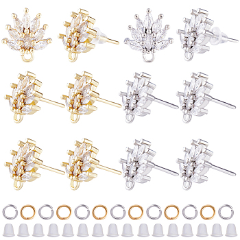12Pcs 2 Color Brass Pave Clear Cubic Zirconia Flower Stud Earring Findings, with Horizontal Loops & 52Pcs Open Jump Rings & 50Pcs Plastic Ear Nuts, Platinum & Golden, 12x11.5x2.5mm, Hole: 1mm, 6Pcs/color