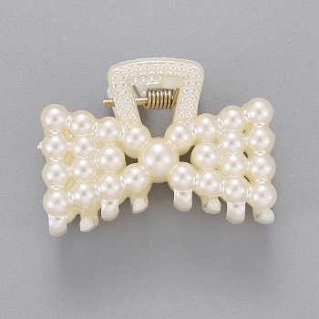 Plastic Claw Hair Clips, with ABS Plastic Imitation Pearl Beads and Iron Findings, Bowknot, White, 29x39x25.5mm