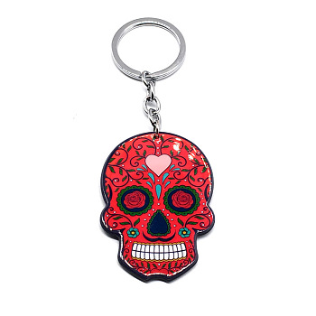 Plastic Pendant Keychain, with Iron Key Rings, Skull, Crimson, Pendant: 5.7x4cm