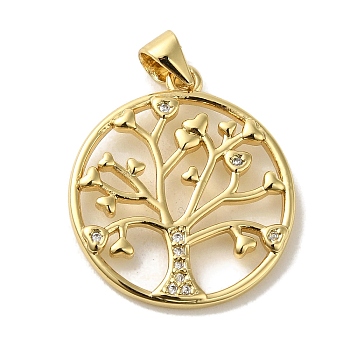 Brass Micro Pave Cubic Zirconia Pendants, Real 18K Gold Plated, Round with Tree of Life, Real 18K Gold Plated, 22.5x20x2mm, Hole: 5x3.5mm