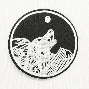 Computerized Embroidery Cloth Iron on/Sew on Patches, Costume Accessories, Appliques, Flat Round with Wolf, Black & White, 73mm