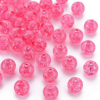 Transparent Crackle Acrylic Beads, Round, Fuchsia, 10x9mm, Hole: 2mm, about 940pcs/500g.