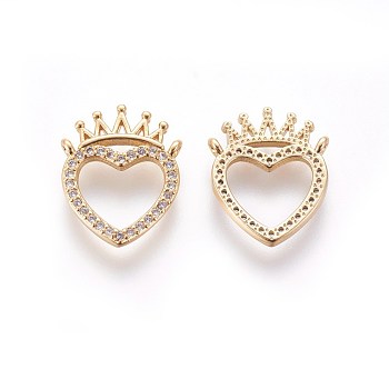 Brass Micro Pave Cubic Zirconia Pendants, Heart with Crown, Clear, Golden, 17x14x2mm, Hole: 1mm