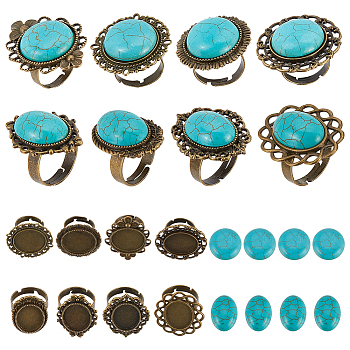 SUNNYCLUE DIY Gemstone Half Round Ring Making Kits, Including Iron Adjustable Ring Settings, Synthetic Turquoise Cabochons, Antique Bronze, 16Pcs/box