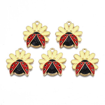 Rack Plating Alloy Enamel Pendants, Cadmium Free & Nickel Free & Lead Free, Light Gold, Flower with Ladybird, Champagne Yellow, 22x21x3.5mm, Hole: 1.8mm