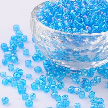 Round Glass Seed Beads, Transparent Colours Rainbow, Round, Dark Turquoise, 4mm