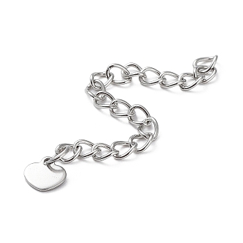 304 Stainless Steel Curb Chains Extender, End Chains with 201 Stainless SteeL Heart Chain Tabs, Stainless Steel Color, 58x3mm