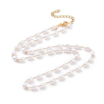 Vacuum Plating 304 Stainless Steel Beaded Necklaces, with Oval Plastic Imitation Pearl Beads, Golden, 17.68 inch(44.9cm)