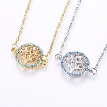 304 Stainless Steel Pendant Necklaces, with Cubic Zirconia, Flat Round with Tree, Mixed Color, 18.50 inch(47cm), Links: 22x16x2.5mm