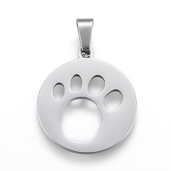 304 Stainless Steel Pendants, Cut-Out, Flat Round with Dog Footprints, Stainless Steel Color, 25x22x1.2mm, Hole: 4x7.5mm