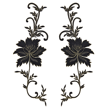 Peony Polyester Embroidery Ornament Accessories, Applique Patch, Sewing Craft Decoration for Chinese Style Cheongsam, Black, 460x155x1mm