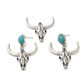 Synthetic Turquoise & Cattle Alloy Pendant Studs Earrings Sets, 316 Steel Needle Jewely for Women, Antique Silver, 44x32.5mm
